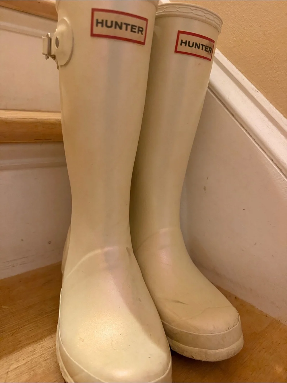 Hunter Cream Tall Rain Boots with Buckle Detail